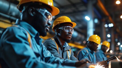 Fototapeta premium Manufacturing Process Efficiency in Welding Assembly Line. African American Manufacturing Process Engineers Team having discussion 