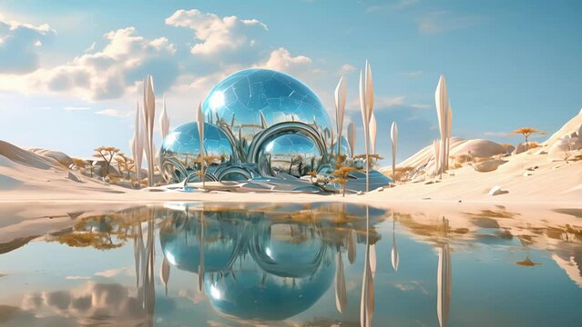 A desert oasis within the crystal world, with sand dunes made of glittering topaz and a clear turquoise oasis in the center.