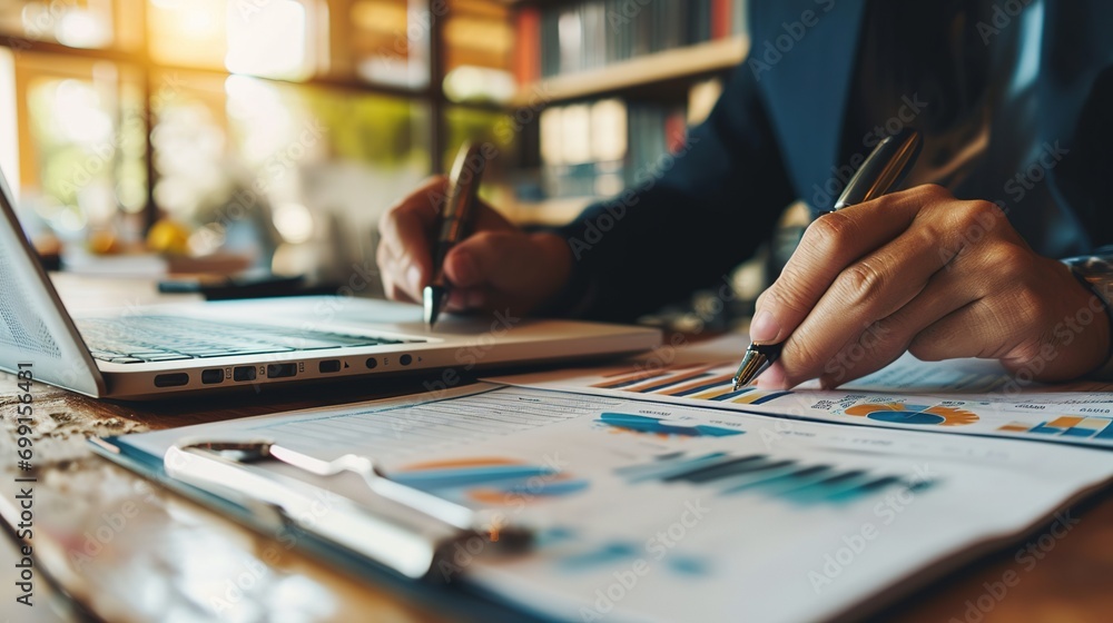 Poster business analyst checking in financial statement for audit internal control system. accounting and f