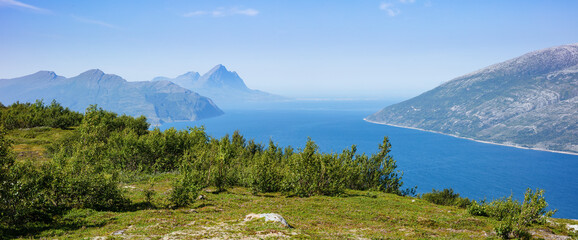 Panoramic view on the fjord Jona from the Nesna peninsula in northern Norway