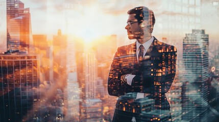 Fototapeta na wymiar Business man, double exposure and arms crossed by cityscape in portrait with confidence, career or overlay at job. Businessman, holographic city and metro buildings in workplace with entrepreneurship