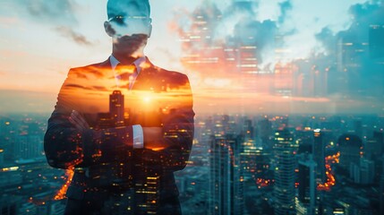 Business man, double exposure and arms crossed by cityscape in portrait with confidence, career or overlay at job. Businessman, holographic city and metro buildings in workplace with entrepreneurship