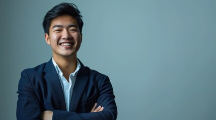 Business man, smile and arms crossed portrait in studio for corporate or CEO fashion while happy. Face of asian entrepreneur person copy space ad new isolated over bright white color background - obrazy, fototapety, plakaty