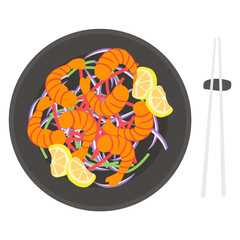 Peruvian ceviche with lemon and chopsticks concept, cebiche or sebiche vector icon design, delicious food symbol, authentic local dishes sign, domestic cuisine stock illustration