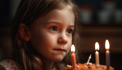 A cute girl smiling, holding a candle, celebrating her birthday generated by AI