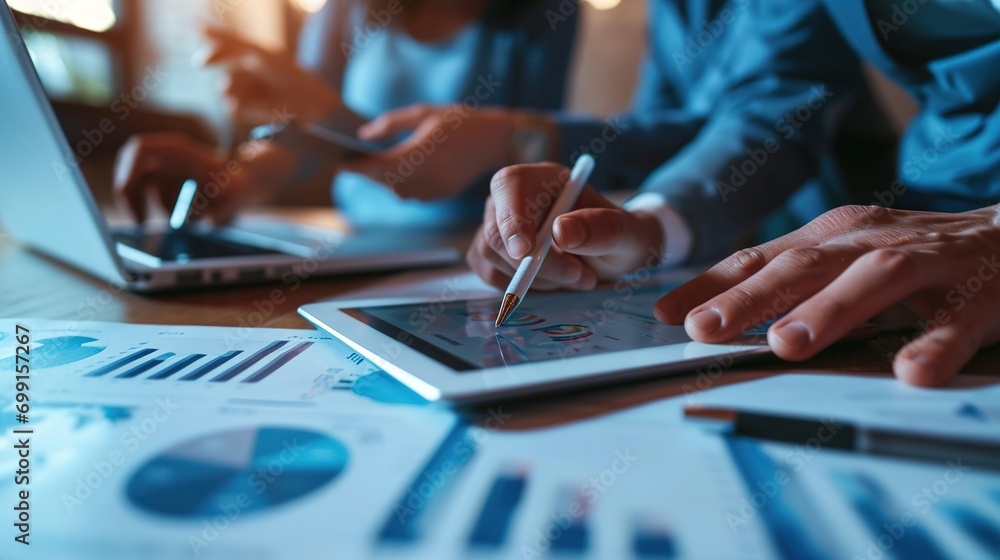 Poster business people pointing at chart on tablet computer when working on financial strategy