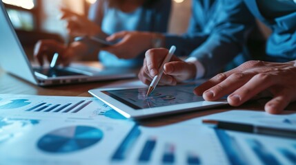 business people pointing at chart on tablet computer when working on financial strategy