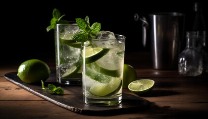 Fototapeta premium Refreshing mojito cocktail with lime, mint, and citrus fruit slice generated by AI