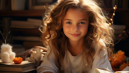 Cute girl smiling, sitting at table, enjoying family celebration generated by AI