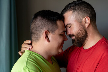 Horizontal image of a gay male couple embracing inside their home. 