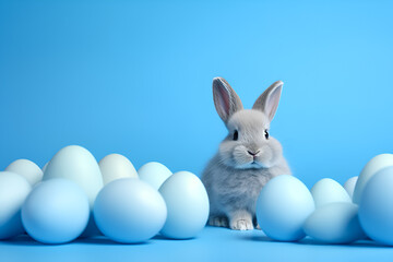 Cute bunny and easter eggs on blue background. Concept and idea of happy easter day