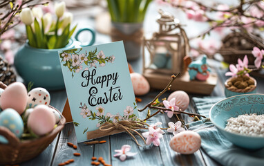 Easter greeting card with hand lettering on a rustic table outside