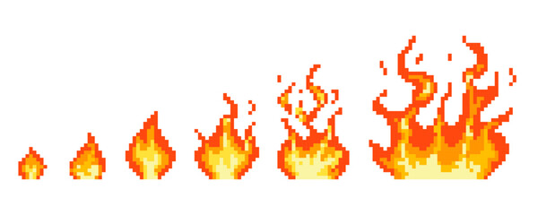 Stages of pixel fire ignition, combustion stages of a large fire. Steps of pixel flame ignition, small bonfire turning into a wall of fire, consequences of explosion.