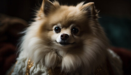 Obraz premium Cute small puppy sitting outdoors, fluffy fur, playful and smiling generated by AI