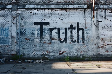 The white brick wall becomes a beacon of authenticity as the word truth is boldly painted in bright and lively colors.