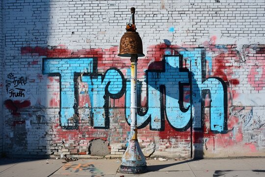 The word truth leaps out from a white brick canvas, painted in bold and vibrant hues.