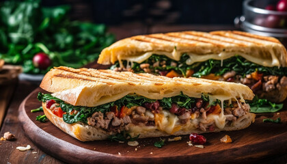 Grilled beef sandwich on toasted ciabatta with fresh vegetables and homemade sauce generated by AI