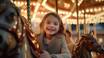 Close-up of Children joyfully riding a vintage carousel adorned with festive lights