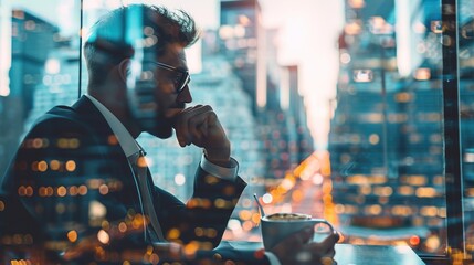 Businesspeople working together, analysts trying to predict stock market behavior. CEO in front view holding a cup of coffee, concept of lunch time and break. New York on background. Double exposure