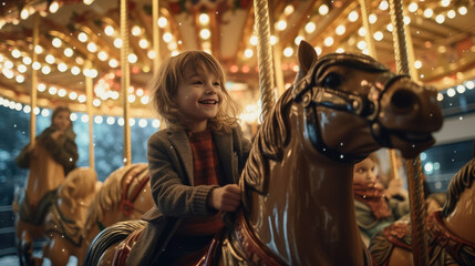 Fototapeta na wymiar Close-up of Children joyfully riding a vintage carousel adorned with festive lights