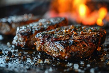 Large juicy beef rib eye steak on a hot grill - obrazy, fototapety, plakaty