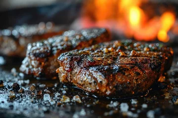 Poster Large juicy beef rib eye steak on a hot grill © Dash