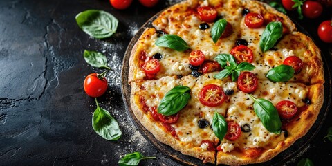 Delicious homemade pizza on black wooden table