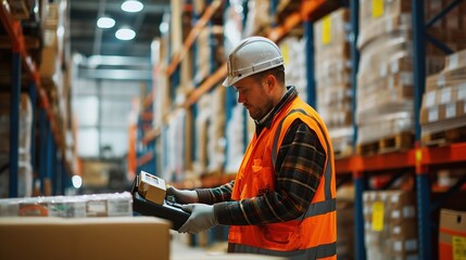 Check Shipping Markings and Barcodes or RFID. Male Chief Warehouse using a barcode reader to examining