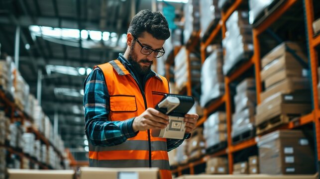 Check Shipping Markings and Barcodes or RFID. Male Chief Warehouse using a barcode reader to examining