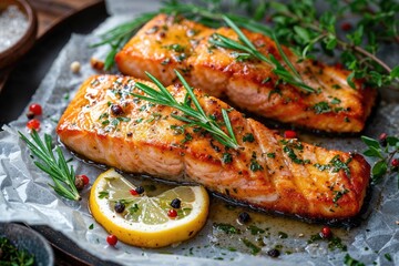 Tasty and fresh cooked salmon fish fillet with lemon and rosemary - obrazy, fototapety, plakaty