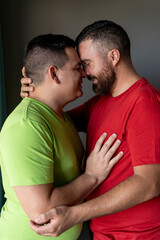 vertical portrait of a lgbt couple of happy men hugging each other with their heads together
