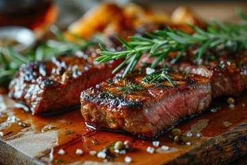 Tuinposter Grilled medium rib eye steak with rosemary and tomato © Dash