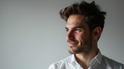 Fototapeta premium Close-up of confident businessman in white shirt, looking left and smiling satisfied, standing over white background
