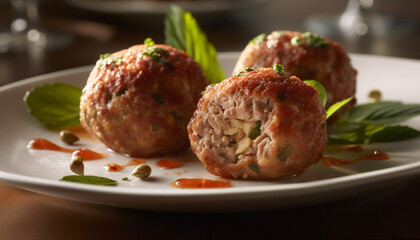 Freshness and gourmet meatball appetizer on a homemade vegetarian plate generated by AI - obrazy, fototapety, plakaty