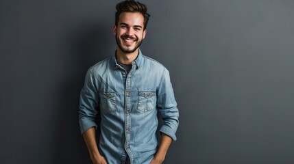 Obraz premium Confidence and business concept. Portrait of charming successful young entrepreneur in blue-collar shirt, smiling broadly with self-assured expression while holding hands in pockets over gray