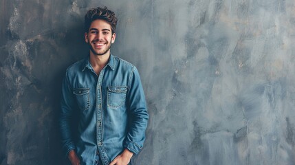 Confidence and business concept. Portrait of charming successful young entrepreneur in blue-collar shirt, smiling broadly with self-assured expression while holding hands in pockets over gray