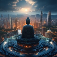 Statue of Buddha sitting in lotus position over city in moonlight.