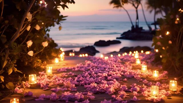 A mesmerizing image of a pathway embellished with fairy lights and fragrant flower petals, winding towards a tranquil spot by the ocean, beckoning for a romantic escape.