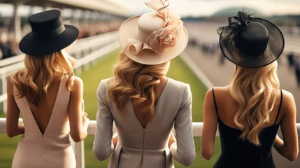 Foto op Canvas Three blond ladies, friends in big hats with flowers stands in fan zone on sport field and watching on horse raising. © Lustre