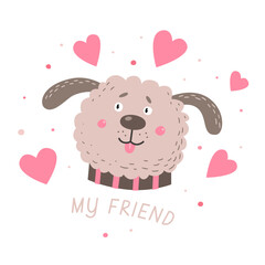 Head of a funny shaggy dog and hearts. Cute cartoon pet on a white isolated background. Vector illustration in a flat style. Picture for the design of a children`s postcard, clothing, room, poster.