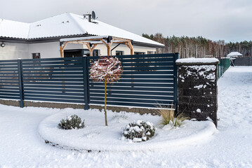 A modern anthracite colored panel fence, visible plants in front of the fence.
