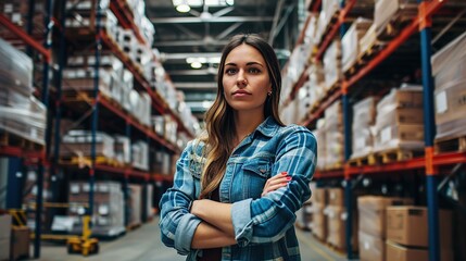 Fototapeta premium confident worker standing arms crossed in distribution warehouse