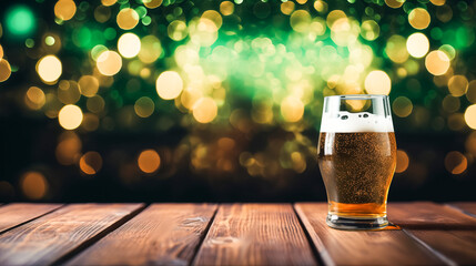 St. Patrick's Day celebration concept - glass with cold foamy beer drink on empty wooden tabletop, green background - obrazy, fototapety, plakaty