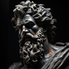 Antique Greek Sculpture of man in baroque style against black background with negative space to insert your text. Concept of art.