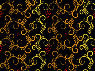 Seamless black and yellow doodle pattern with ethnic floral pattern