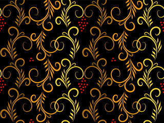 Seamless black and yellow doodle pattern with ethnic floral pattern