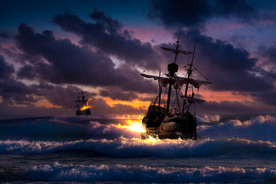 A battle between two sailing ships on the open sea during a storm. Pirate attack on a merchant ship