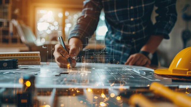 Construction and engineer structure concept of engineer working drawing on blueprint meeting for project working with partner on model building and engineering tools in working site