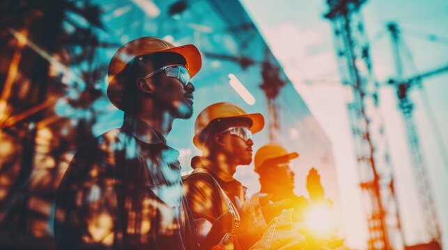 Construction Engineer Civil Team Work Banner.Double Exposure Of Worker Group.Multi Ethnic Diversity Caucasian,African,American,Asian Cheering.Success Project Manager Middle Eastern