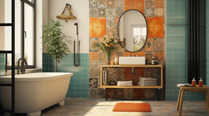 Bold Patterned Ceramic Tiles in a Bohemian Bathroom